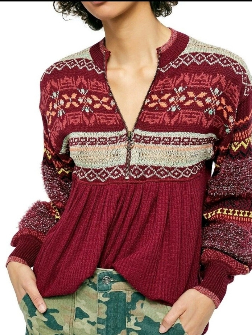 Free People Cabin Fever/ Cozy Cottage Sweater Women Size Medium Burgundy Color